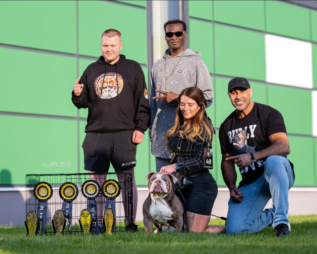 Exhibitors and their bulldog posed beside a row of rosettes and trophies outside a show venue