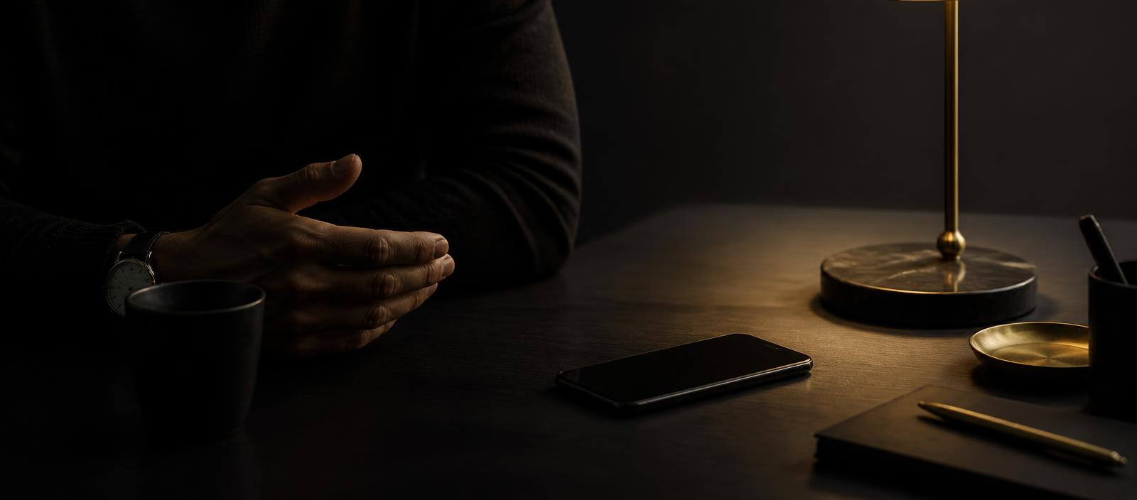 Dark desk with a phone and warm lamp light, ready for a conversation