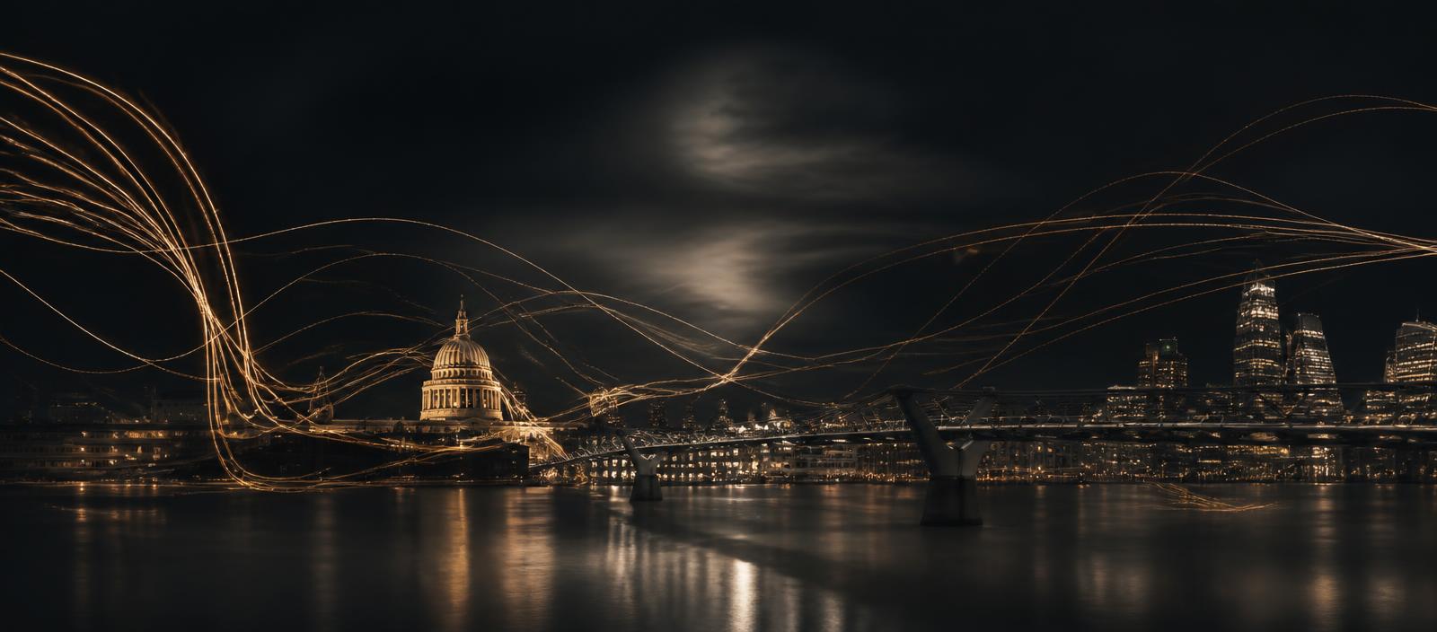 London skyline at night with connected light trails, representing the LuxeLens ecosystem